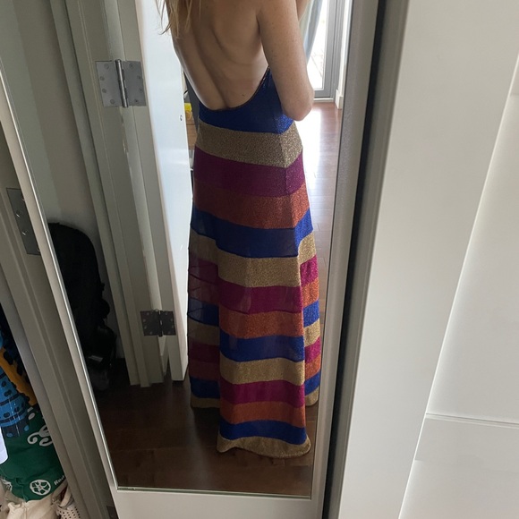 Oseree Highneck Halter Dress in Shimmery Stripe Size S - Picture 3 of 11